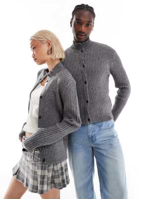 Reclaimed Vintage unisex ribbed knit high neck buttoned jumper-Grey
