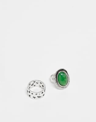 unisex ring 2 pack with faux green stone in silver