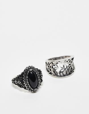 Reclaimed Vintage Reclaimed Vintage unisex ring 2 pack with faux stone in black