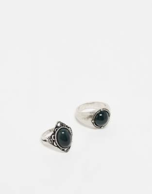 Reclaimed Vintage Unisex Ring 2 Pack With Faux Stones In Burnished Silver