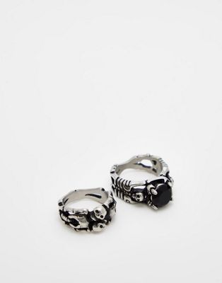 Reclaimed Vintage unisex ring 2 pack with skeleton in stainless steel