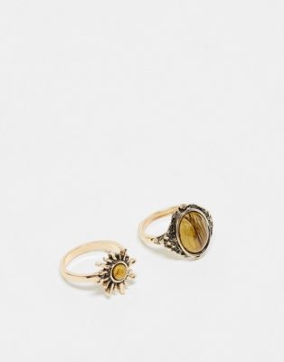 Reclaimed Vintage Unisex Ring 2 Pack With Sun And Faux Stone In Gold