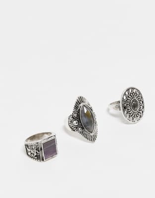 Reclaimed Vintage Reclaimed Vintage unisex ring 3 pack with faux stones in silver