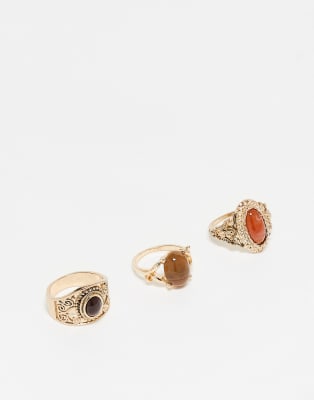Reclaimed Vintage Reclaimed Vintage unisex ring 3 pack with stones in gold