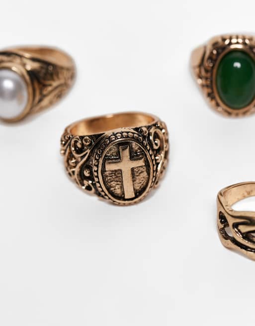 Reclaimed Vintage – Unisex-Ring-Set im Grunge-Design in Antikgold-Optik mit Kunststein, 2 von 3