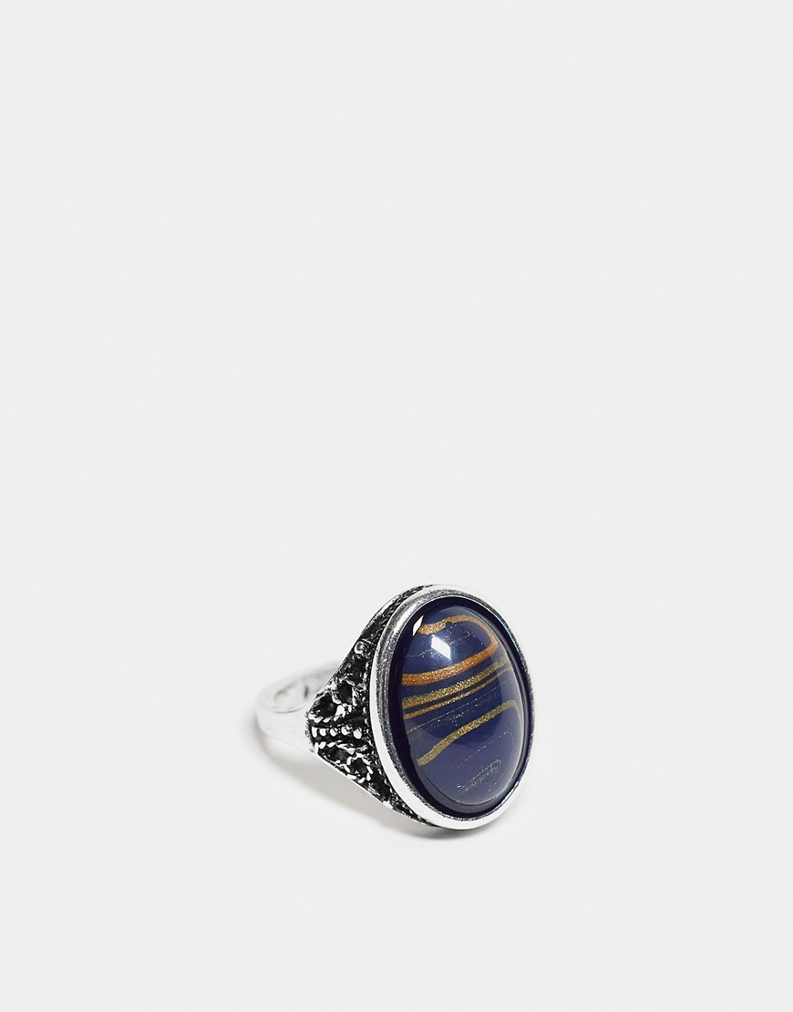 Reclaimed Vintage Unisex Ring With Blue Faux Stone In Silver In Black
