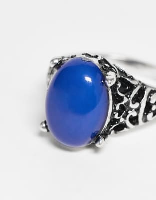 Reclaimed Vintage Unisex Ring With Faux Blue Stone In Silver