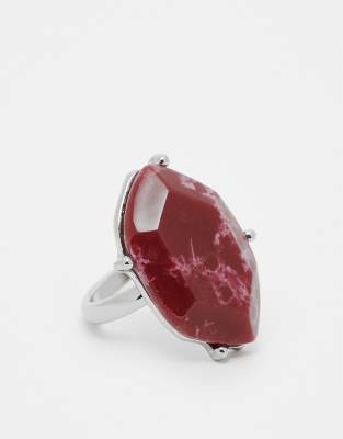Unisex ring with faux red stone in silver tone