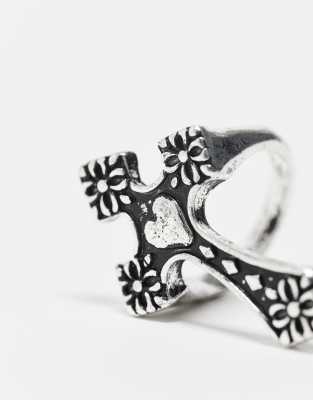 Reclaimed Vintage Unisex Ring With Heart Cross In Silver