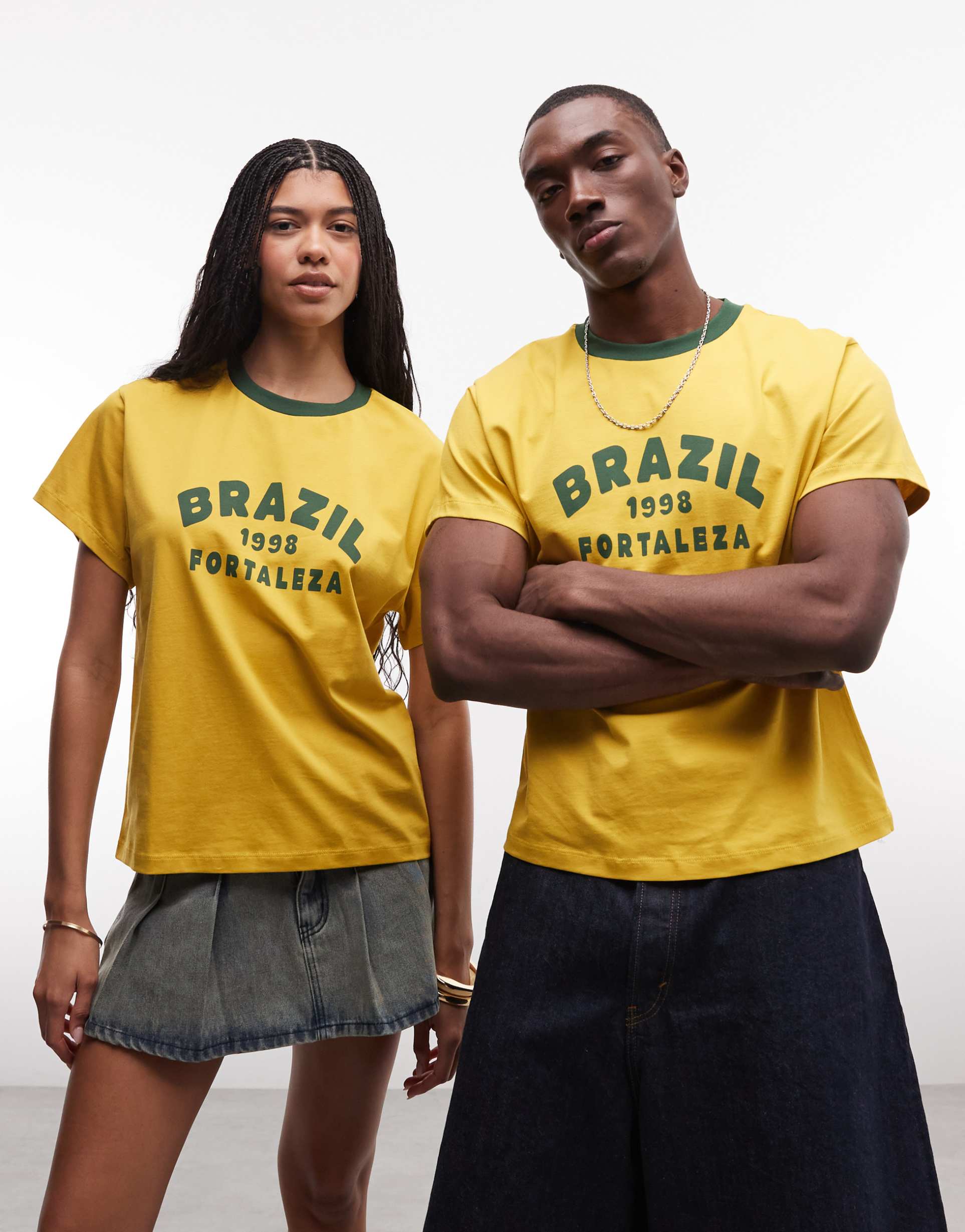 reclaimed vintage unisex ringer t-shirt with slogan in yellow with green contrast