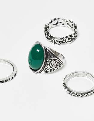 Reclaimed Vintage Unisex Rings 4 Pack With Faux Gem Stone In Silver