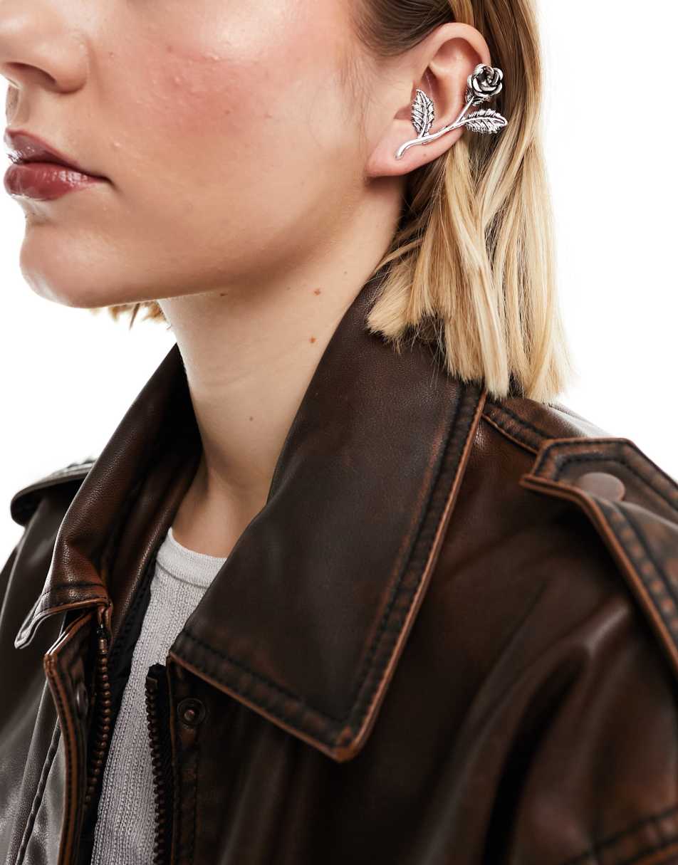 Reclaimed Vintage unisex rose ear cuff in silver 2