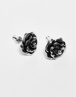 unisex rose flower studs in burnished silver