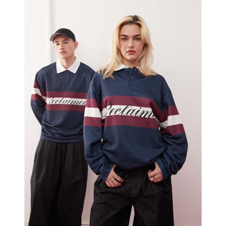 Reclaimed Vintage unisex rugby polo sweatshirt in navy and burgundy ASOS