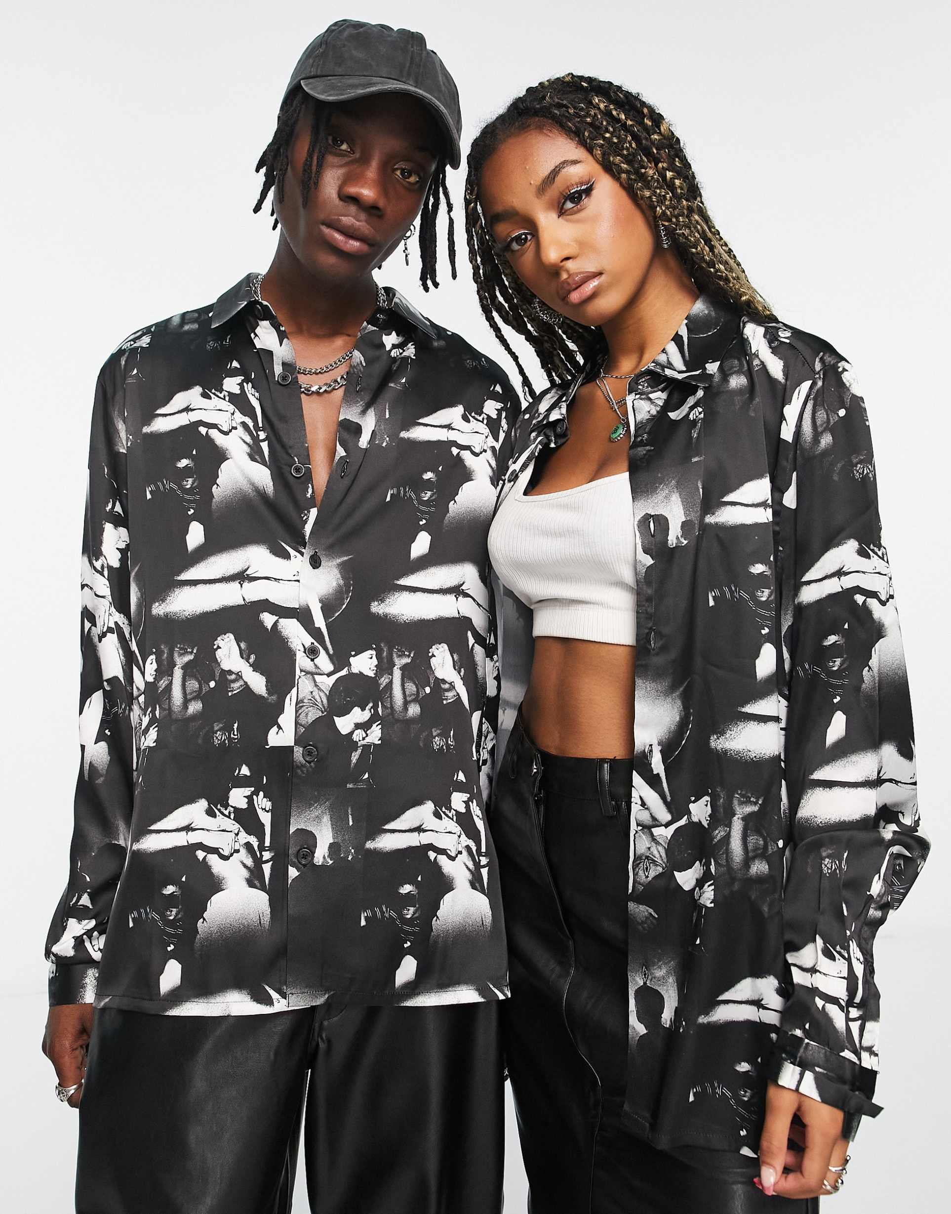 Reclaimed Vintage unisex satin shirt in mono 90s print view 2