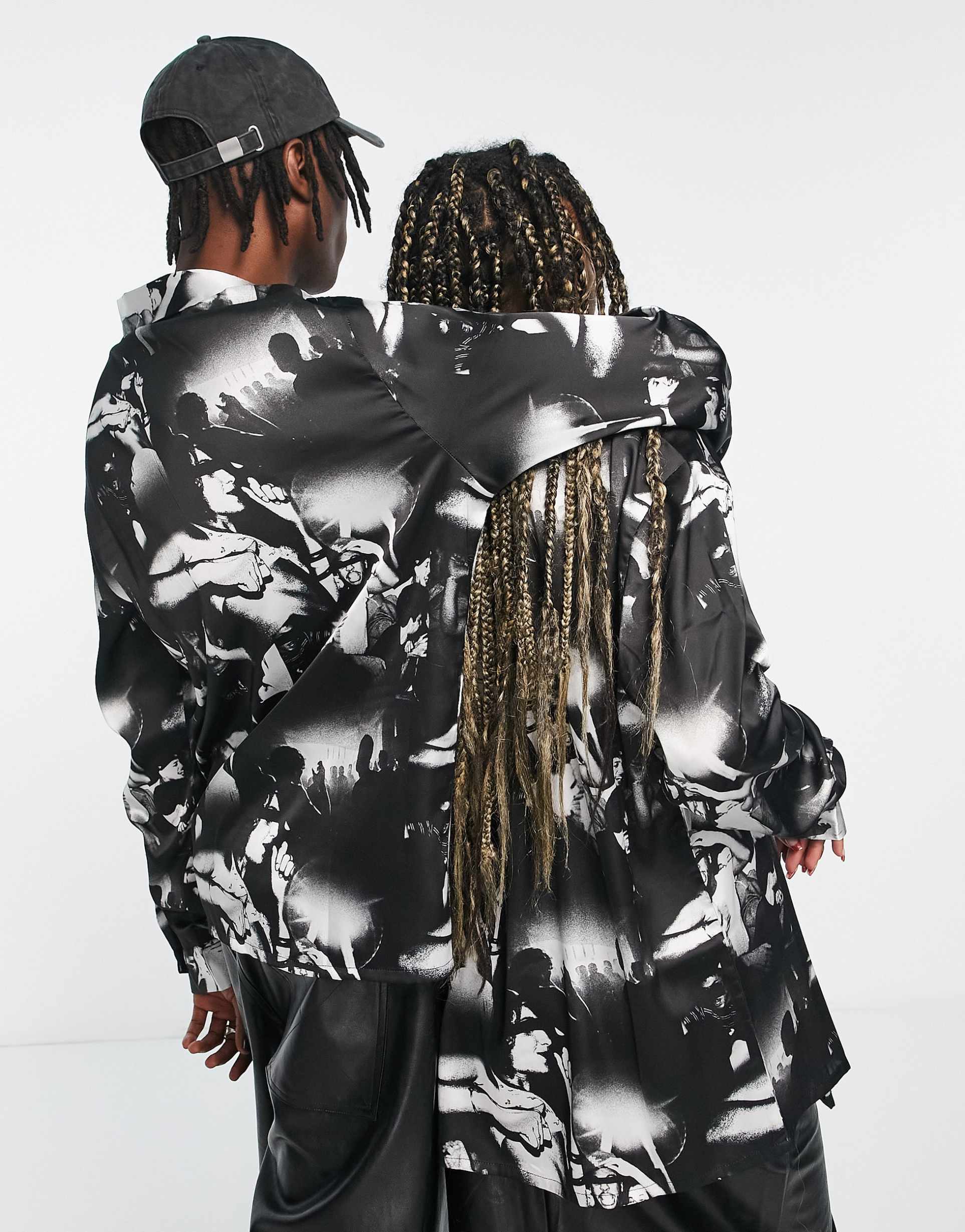 Reclaimed Vintage unisex satin shirt in mono 90s print view 3