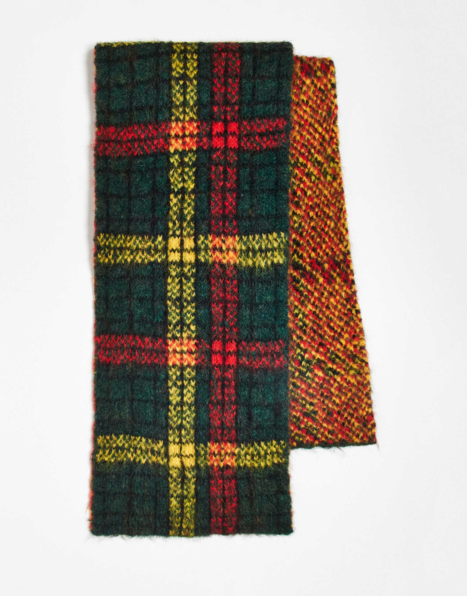 Восстановленный винтажный шарф унисекс в зеленую, красную и желтую клетку 