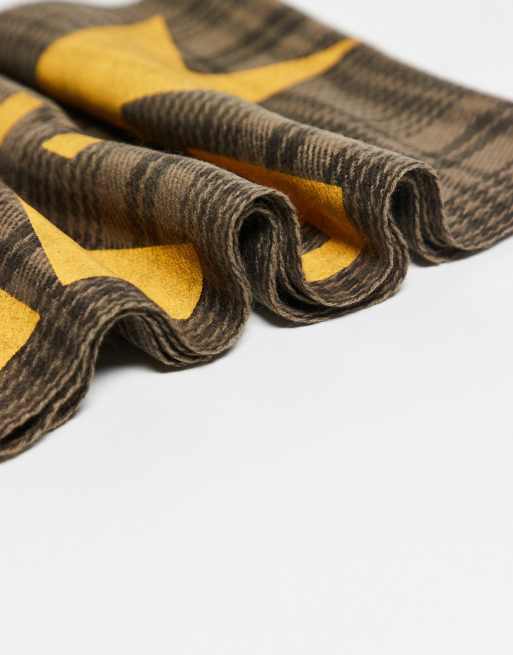 Reclaimed Vintage unisex scarf with yellow branding in brown check, 2 of 3