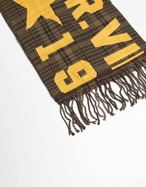 Reclaimed Vintage unisex scarf with yellow branding in brown check, 3 of 3