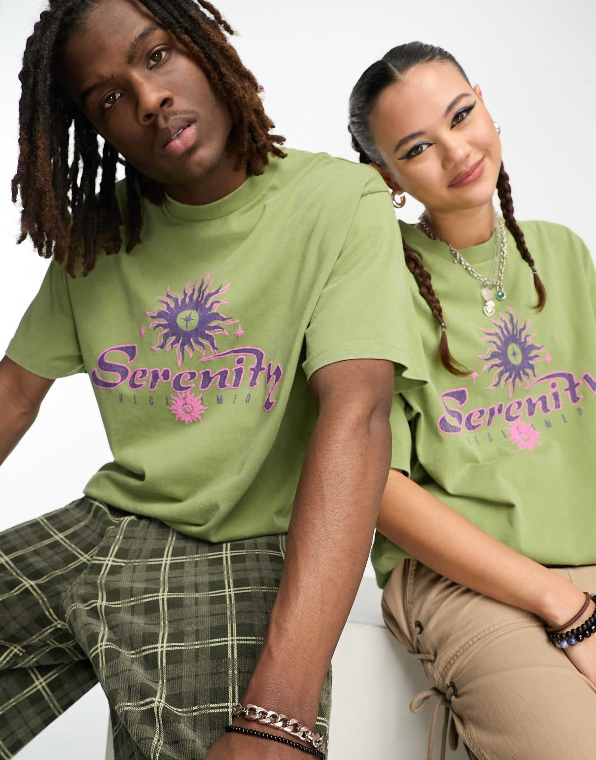 Reclaimed Vintage unisex serenity  t-shirt in khaki view 2