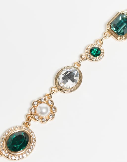 Reclaimed Vintage – Unisex-Set aus Halskette und Armband in Gold mit grünen Strasssteinen