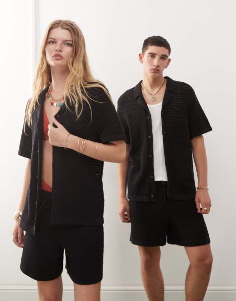 Reclaimed Vintage unisex short sleeve boxy crochet shirt in black co-ord