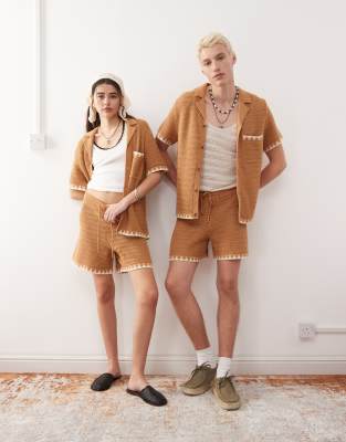 Reclaimed Vintage unisex short sleeve boxy crochet shirt in chocolate brown co-ord-No colour