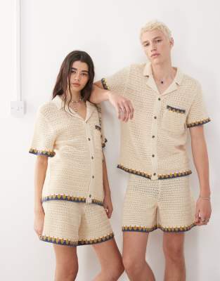 Reclaimed Vintage unisex short sleeve boxy crochet shirt in ecru co-ord-Neutral