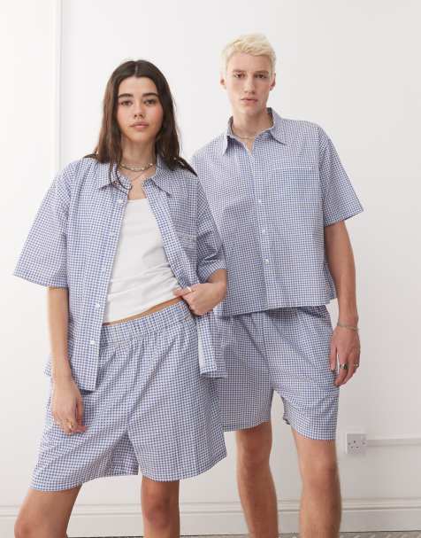 Reclaimed Vintage unisex short sleeve boxy shirt in blue and white check