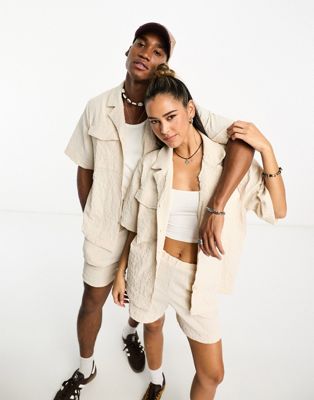 Reclaimed Vintage unisex short sleeve textured shirt in neutral co-ord - ASOS Price Checker