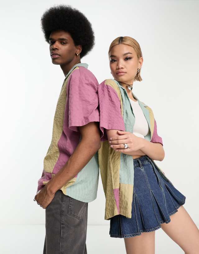Reclaimed Vintage unisex short sleeve textured splice shirt in brights