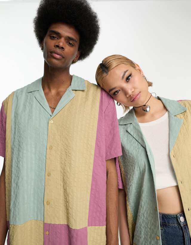 Reclaimed Vintage unisex short sleeve textured splice shirt in brights 1