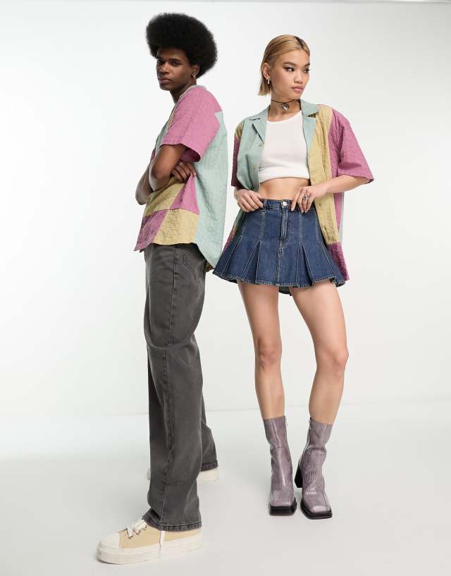 Reclaimed Vintage unisex short sleeve textured splice shirt in brights 2
