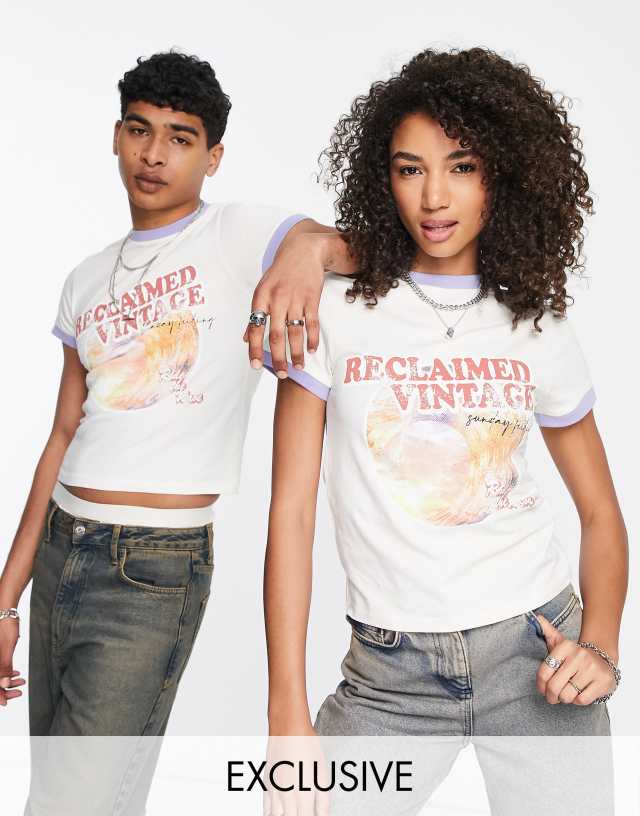 Reclaimed Vintage unisex shrunken ringer T-shirt with surf graphic 0