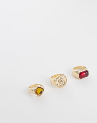 Reclaimed Vintage Unisex Signet Ring 3 Pack In Gold