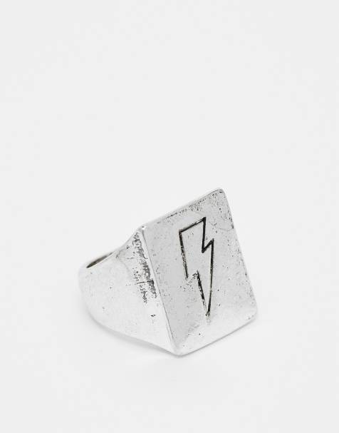 Reclaimed Vintage unisex signet ring with doddle thunder bolt in silver - view 1