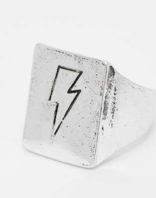 Reclaimed Vintage Unisex Signet Ring With Doodle Thunder Bolt