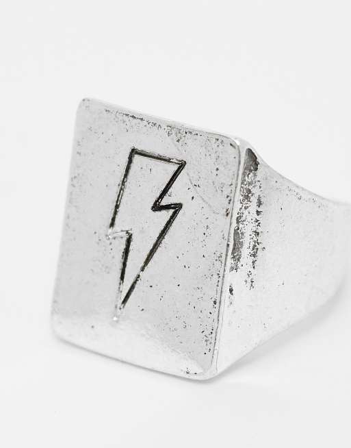 Reclaimed Vintage Unisex signet ring with doodle thunder bolt in silver