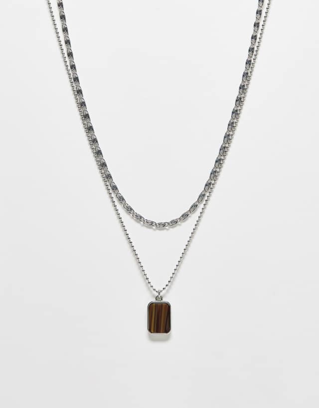 Reclaimed Vintage unisex silver 2 row necklace with stone