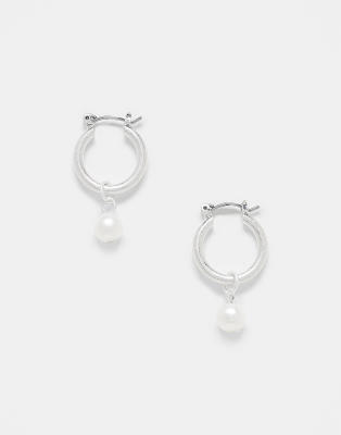 Reclaimed Vintage Unisex Silver Hoop Earrings With Pearl Drops