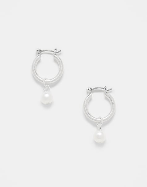Reclaimed Vintage unisex silver hoop earrings with pearl drops - view 1