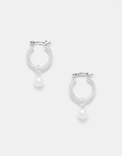 Reclaimed Vintage unisex silver hoop earrings with pearl drops