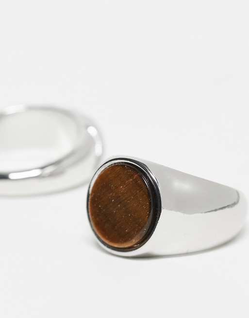 Reclaimed Vintage – Unisex – Silverfärgade ringar med halvädelstenen tigeröga, 3-pack, 2 av 3