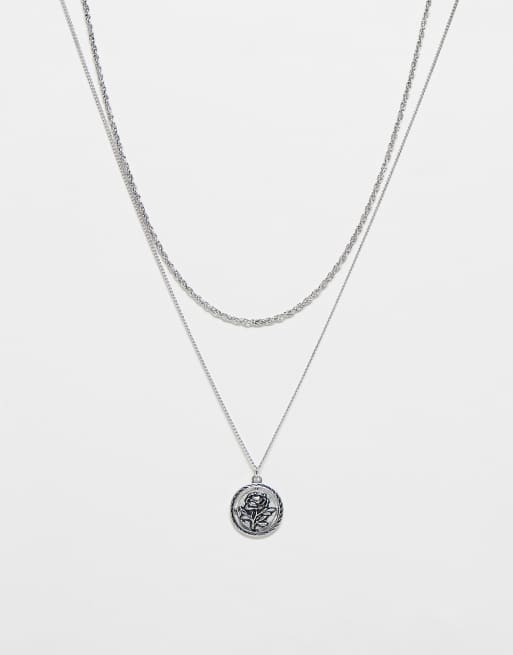 Reclaimed Vintage – Unisex – Silverfärgat halsband i 2-rader med roshänge