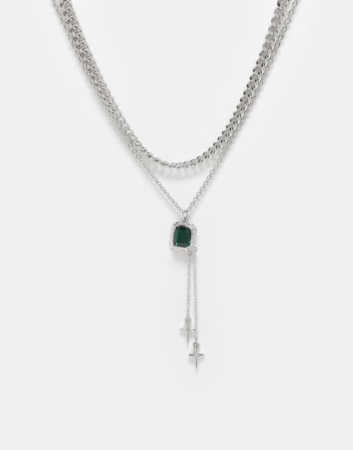 Reclaimed Vintage – Unisex – Silverfärgat halsband i två rader med korshängen och smaragdgrön sten