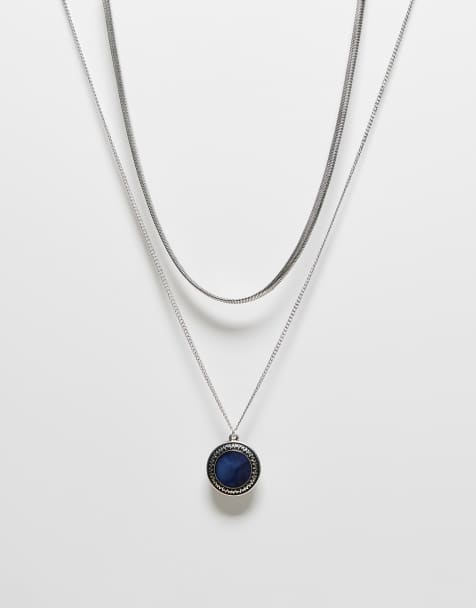 Reclaimed Vintage – Unisex – Silverfärgat halsband med 2 rader och blå sten - view 1