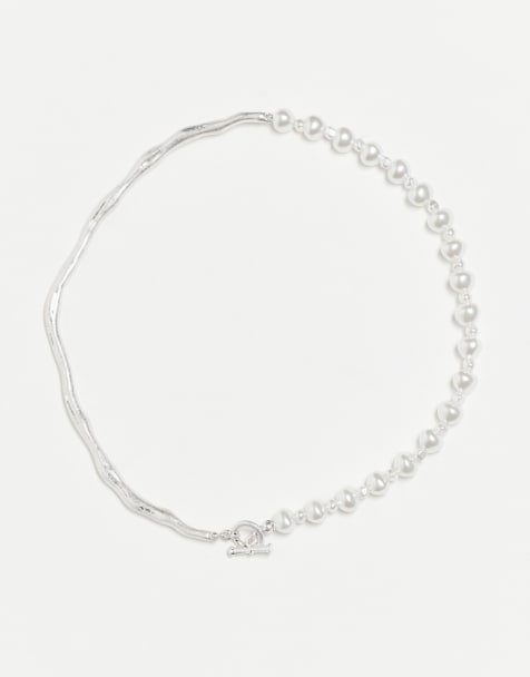 Reclaimed Vintage – Unisex – Silverfärgat kedjehalsband med pärlor - view 1