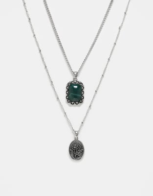 Reclaimed Vintage – Unisex – Silverfärgat kedjehalsband med två rader, hänge och grön sten - view 1
