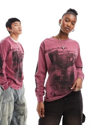 Reclaimed Vintage unisex long sleeve oversized t-shirt with blur graphic in burgundy