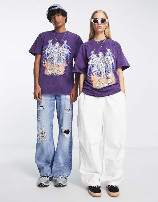 Reclaimed Vintage unisex skeleton print gothic t-shirt in washed purple 